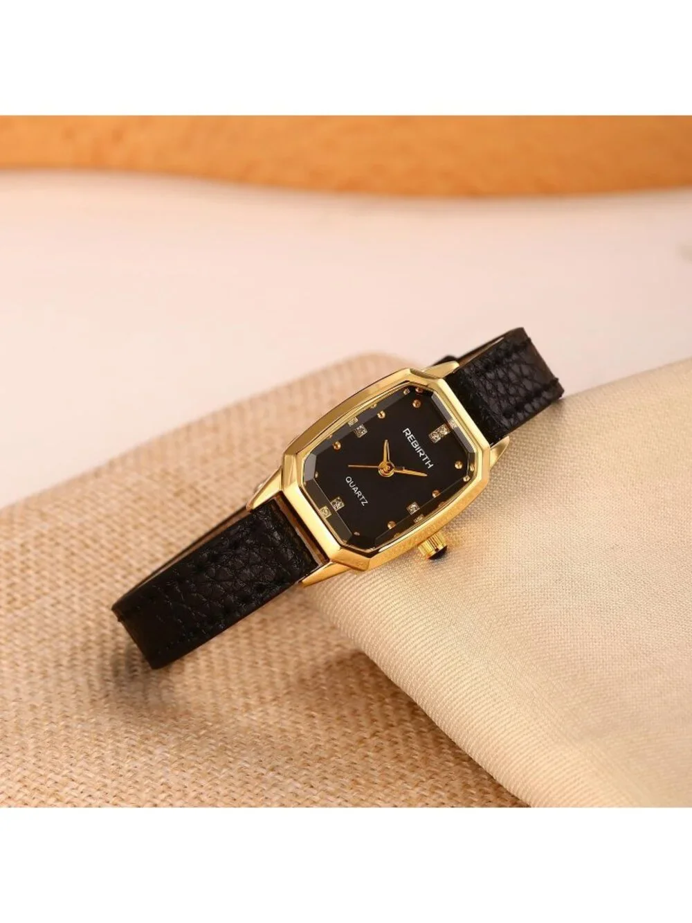 Women’s Black Gold Rectangular Quartz Leather Strap  Classic Vintage Wrist Watch